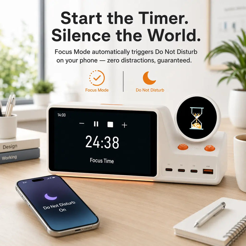 Focus Mode automatically triggers Do Not Disturb on your phone — zero distractions, guaranteed.