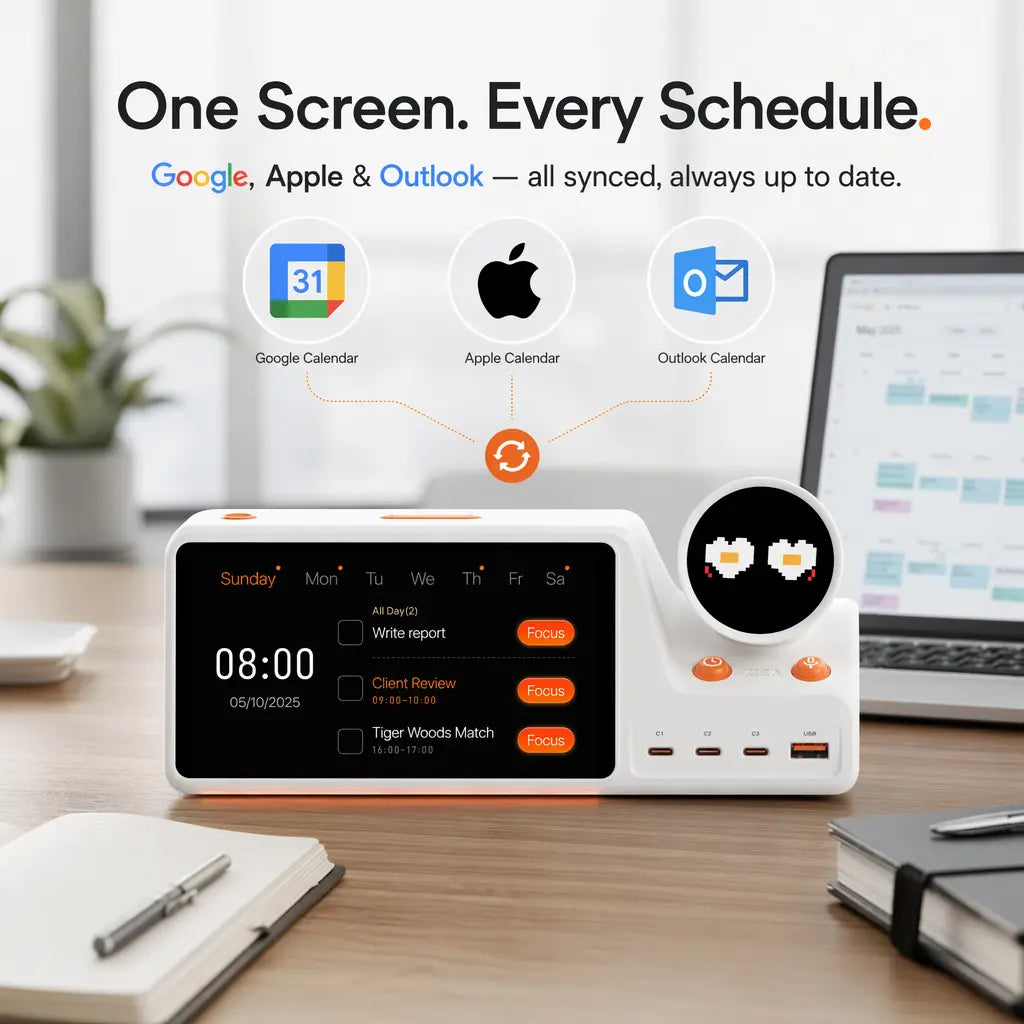 Google, Apple & Outlook — all synced, always up to date.