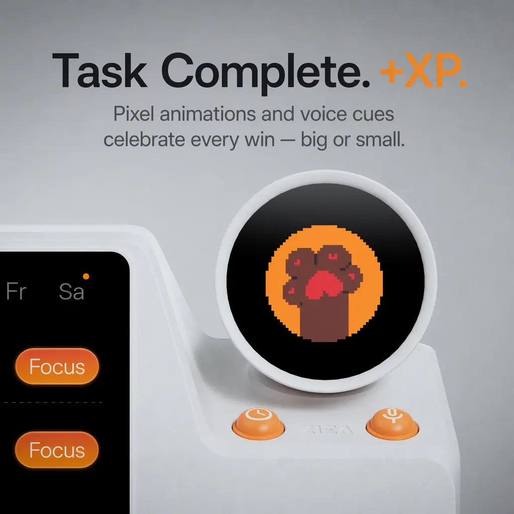 Pixel animations and voice cues celebrate every win — big or small.