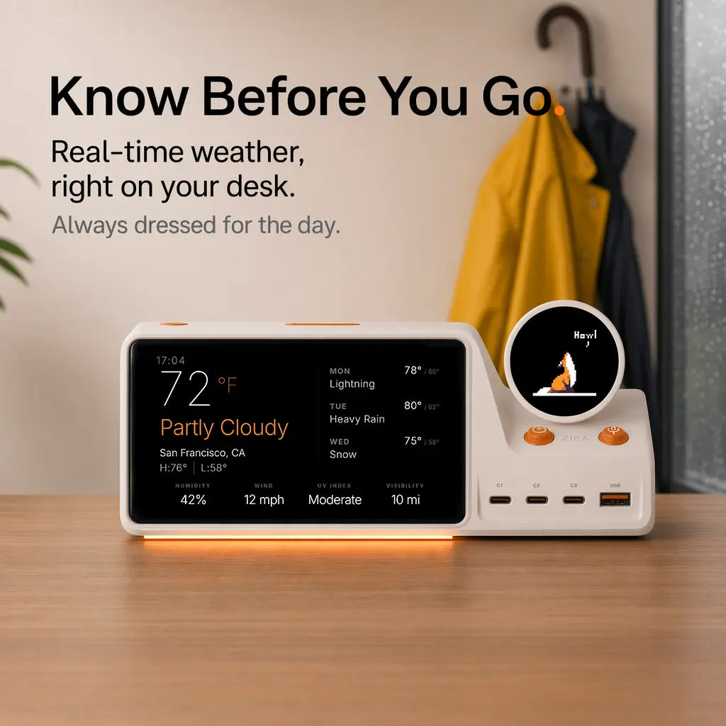 Real-time weather, right on your desk. Always dressed for the day.