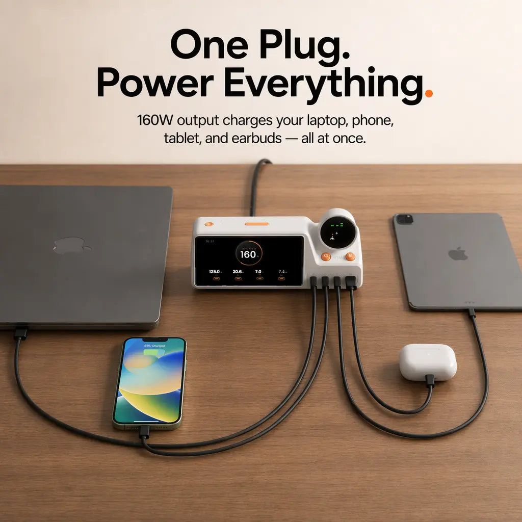 160W output charges your laptop, phone, tablet, and earbuds — all at once.
