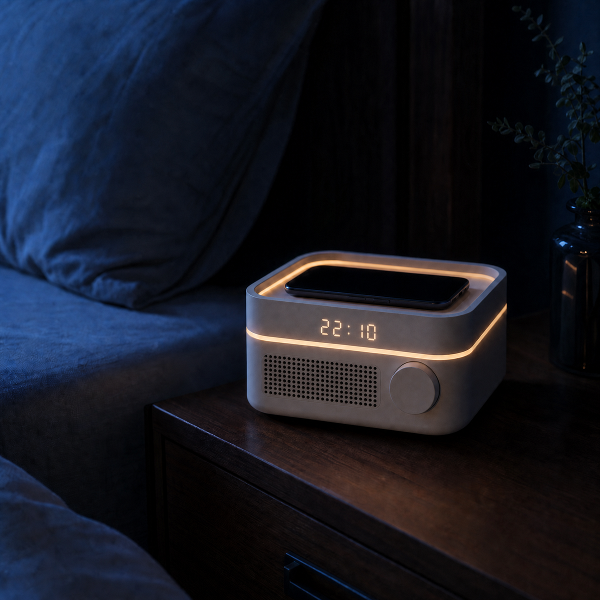 A phone resting in ZIEA Nest during a quiet nighttime sleep window